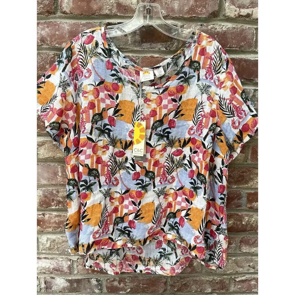 C & C CALIFORNIA Women's LINEN Bird Lobster Lagenlook Short Sleeve Top 2X Plus - Picture 2 of 9